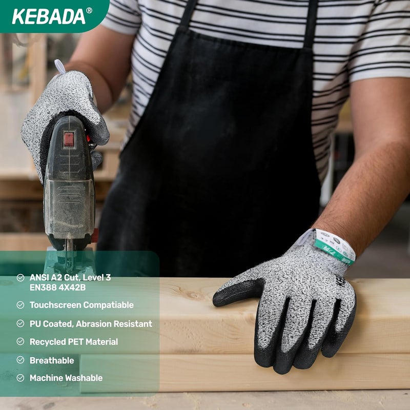 Kebada Cut Resistant Gloves, ANSI A2 Cutting Glove, PU Coated, Touchscreen, Multi-Purpose Model C2, 1 Pair, Small - Image 4